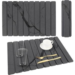Stone Dish Drying Mat for Kitchen Counter, 24''15'' Dishes Drying Matt Kitchen Counter, Absorbent Diatomaceous Earth Bath Quick Dry Mats for Tableware, Bottles and Cup(Dark Grey Marble)