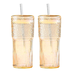 2PCS Glass Cups with Lids and Glass Straws, 20OZ Iced Coffee Cups, Home Essential and Coffee Bar Accessories Borosilicate Glass Tumblers with Lid and Straw for Beer, Cocktail, Tea and Latte, Amber