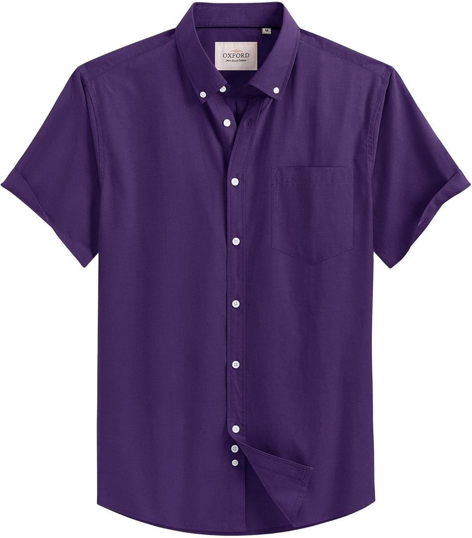 Alimens & Gentle Men's Short Sleeve Oxford Shirt Regular Fit Button Down Collar Shirts with Pocket (Large, Dark Purple)