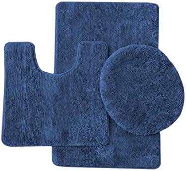 3 Piece Solid Bathroom Rug Set Includes Bath Rug, Contour Mat, and Toilet Lid Cover (Navy Blue)