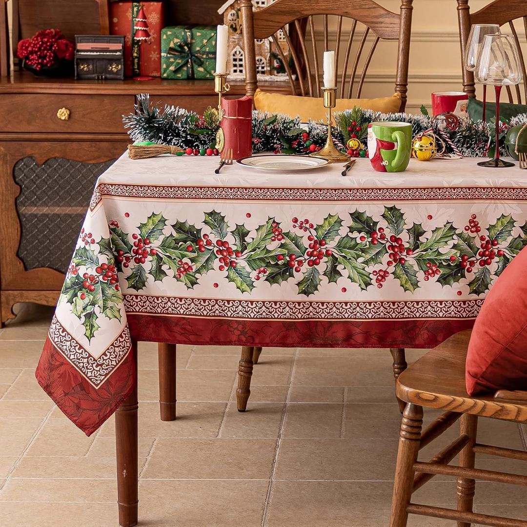 Softalker Christmas Jacquard Rectangle Tablecloth, Winter Vintage Holly Waterproof Table Cloth, Xmas Farmhouse Fabric Table Cover for Holiday, Dining, Party Decor, DHHolly 60 x 84 Inch