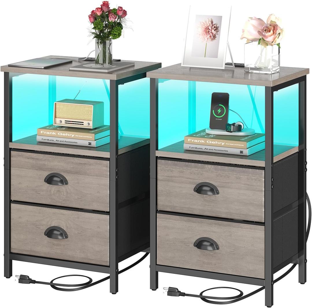 Nightstand with Charging Station, LED Night Stand Set of 2, Bedside Table End Table with Drawer, Bedroom Tables with 2 Fabric Drawers, 3-Tier Storage Side Table for Bedroom,Grey