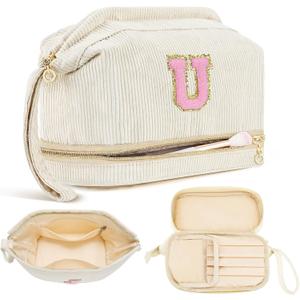 Makeup Bag for Girls Gift, Personalized Valentines Day Gifts Initial Women Makeup Bag for Travel, Double Layer Cosmetic Bag with Brush Organizer Preppy Make up Bag for Teen Girl Trendy - U