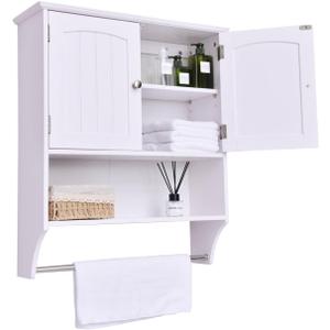 White Bathroom Cabinet Wall Mounted with Towels Bar, Over Toilet Storage Cabinet with 2 Doors and Adjustable Shelf, Medicine Cabinets with Large Space for Bathroom Laundry Room Kitchen