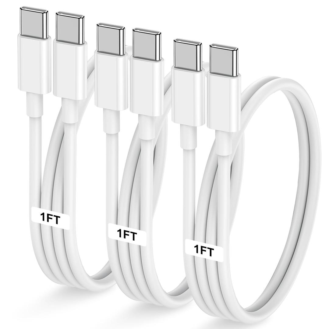 3-Pack 1FT 60W USB C to USB C Cable, Type C Fast Charging Cable for iPhone Air 17 16e 16 15 Pro Plus Pro Maxfor Galaxy S25/S24, for iPad Pro/Air/mini, for MacBook Pro/Air and More (White)