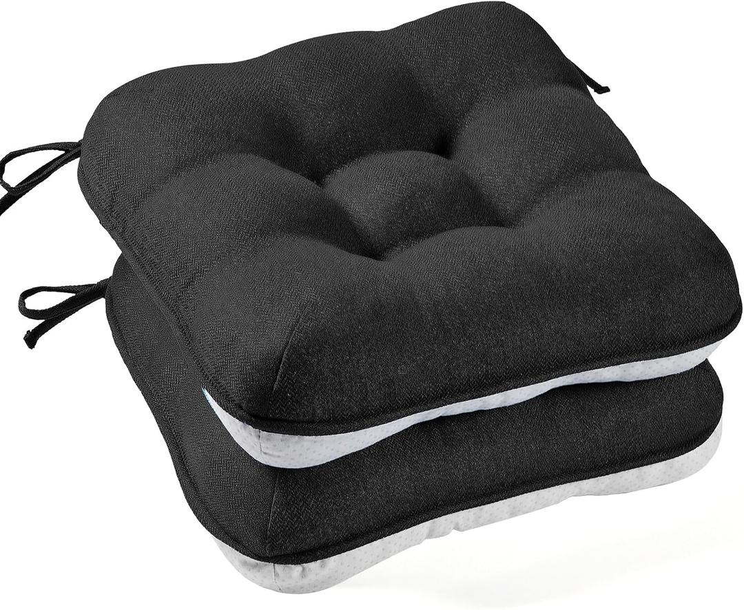 BETU Black Chair Cushions for Dining Chairs Set of 2,3.5" Thick Kitchen Table Chair Pads with Ties,Non Slip Backing and Covers,Seat Cushion for Dining Room,Bar,Patio Chairs,15.5"X15.5"X3.5",Black