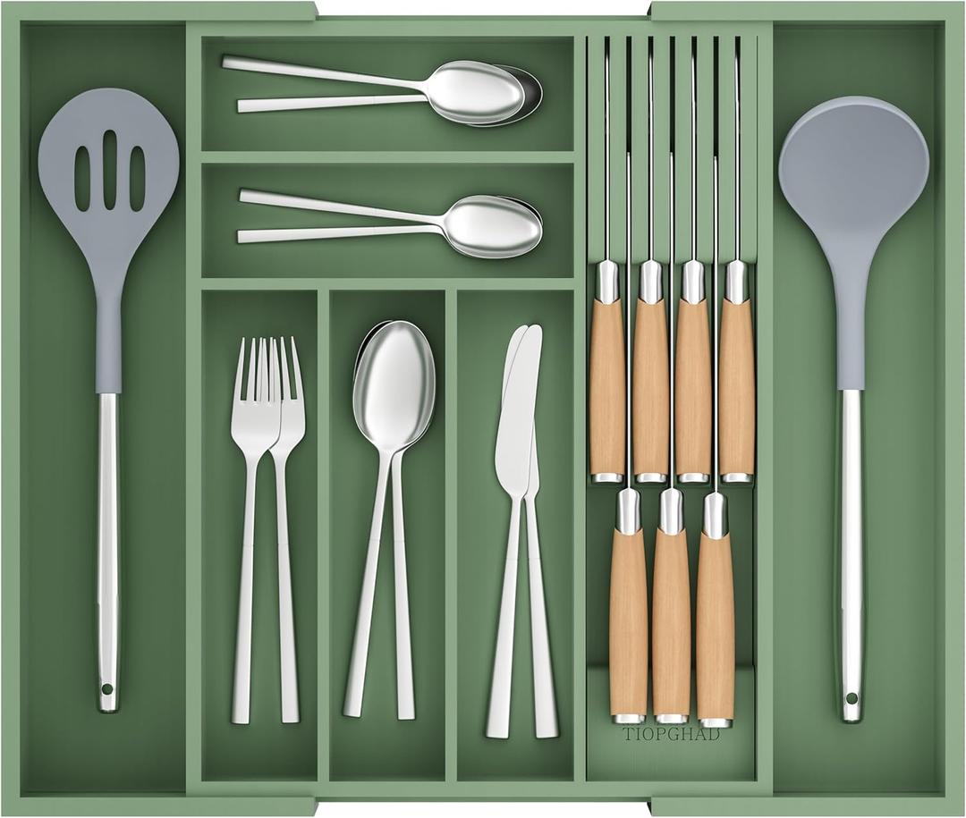 Bamboo-Silverware-Drawer-Organizer-Kitchen, Expandable Utensil Holder Cutlery Tray Flatware Organization Adjustable Wood Tableware Dividers Storage (with Removable Knife Block)(Grayish Green) (Large)