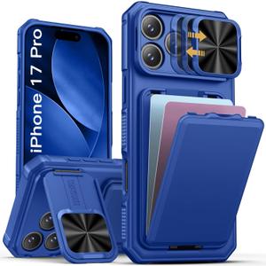 SSLOTSCASE for iPhone 17 Pro Case Wallet with Card Holder & Slide Camera Cover & Hidden Kickstand & Camera Cover Stand, Heavy Duty Rugged Protective Phone Case Cover for iPhone 17 Pro 2025, Royal Blue