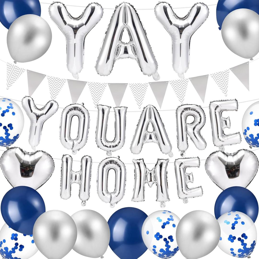 Duraaamo Welcome Home Decorations Yah! You Are Home Banner with Confetti Balloons Heart Balloons Pennant Flag Family Housewarming Baby Shower Military Army Back Party Supplies Decor(Navy Blue)