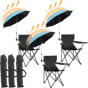 3 Set Beach Chair with Adjustable Umbrella for Adult, Low Folding Chair Detachable with Armrests Cup Holder, 360 Degree Universal Clamp UV Protection Umbrella for Sand Camping Pool