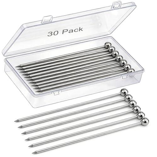 30 Pcs Metal Cocktail Picks, AIMEIKI Stainless Steel Cocktail Skewer Reusable Martini Olive Picks Garnish Toothpick for Drinks Appetizers Fruit BBQ Snacks with Box, 4.3 inch