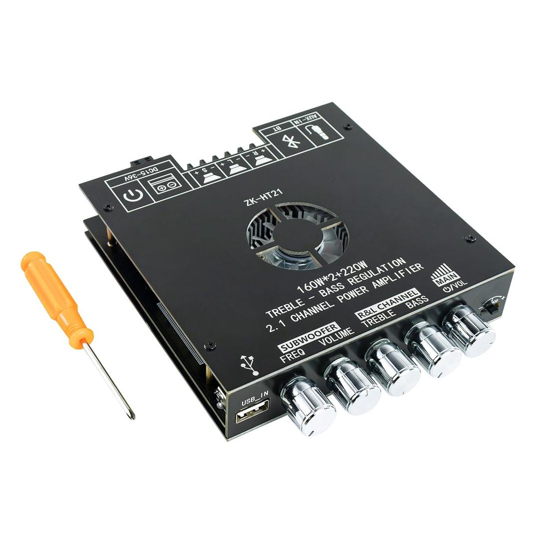 ZK-HT21 TDA7498E Bluetooth Amplifier Board 160W2+220W Subwoofer 2.1 Channel Audio Receiver Power Amplifier Module with Treble and Bass Control for DIY Speakers