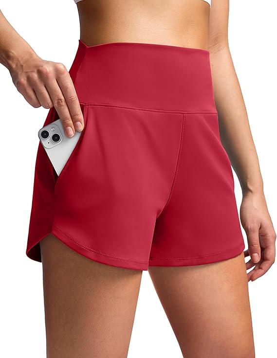 Soothfeel High Waisted Athletic Running Shorts for Women 3.5" Tummy Control Comfy Workout Gym Hiking Shorts with Pockets (Medium, Red)