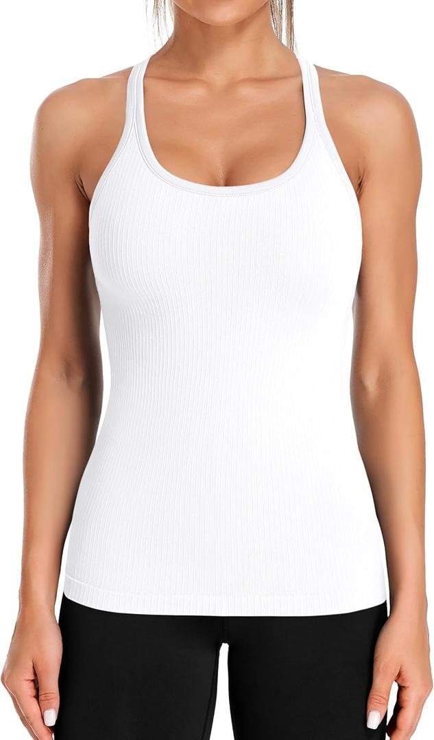 ATTRACO Ribbed Workout Tank Tops for Women with Built in Bra Tight Racerback Scoop Neck Athletic Top (Large, White)