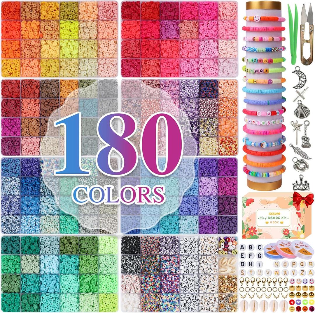 XSEINO 37300+ Pcs Clay Beads Bracelet Making Kit,8 Boxes 180 Colors Friendship Charms Kit Flat Polymer Heishi Beads with Rich Jewelry Making Accessories for Crafts Christmas Gifts