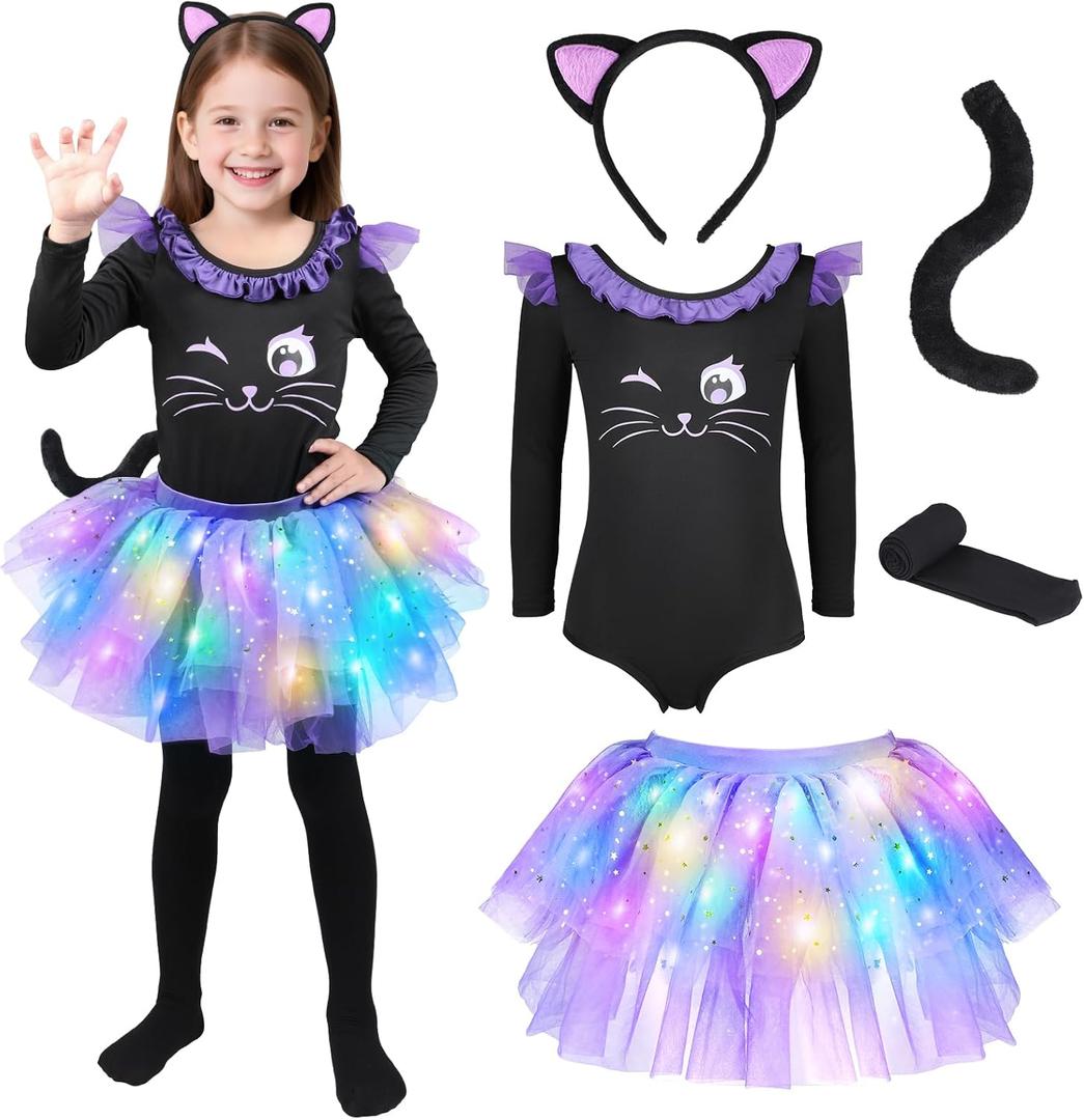 GIFTINBOX Cat Costume for Girls, Light Up Black Cat Costume, Halloween Animal Dress Up Costumes for Kids Age 7-8 L