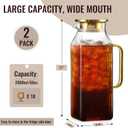 2 Pack 2 Liter/68 oz Square Glass Pitcher with Lid, Classic Stripes Water Pitchers with Handle for Fridge, Large Jug for Iced Tea, Coffee, Borosilicate Glass Carafe for Hot/Cold Brew Drink, Gold