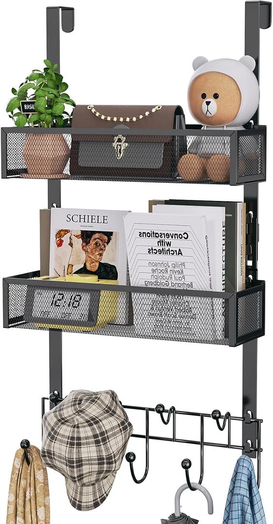 HapiRm Over The Door Hanger with Coat Hooks and 2 Baskets, Rustproof & Waterproof Over The Door Hooks, Storage Organizer for Hats, Bathroom, Kitchen, Bedroom-Black (for 1.76in Doors)