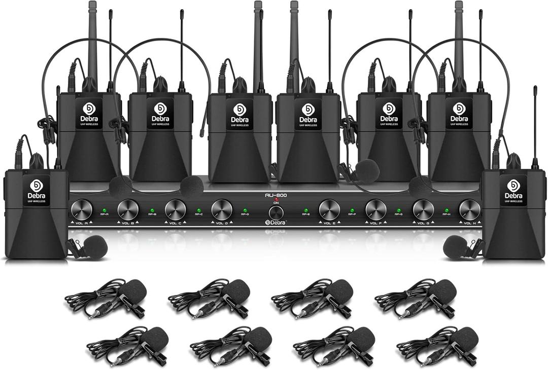 D Debra Audio AU800 Pro UHF 8 Channel Wireless Microphone System with Cordless Handheld Lavalier Headset Mics, Metal Receiver, Ideal for Karaoke Church Party (8 Bodypack)
