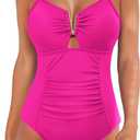 AI'MAGE Women's Tummy Control Swimsuits Ruched Slimming One Piece Bathing Suit V Neck Swimsuit (Medium, Hot Pink)