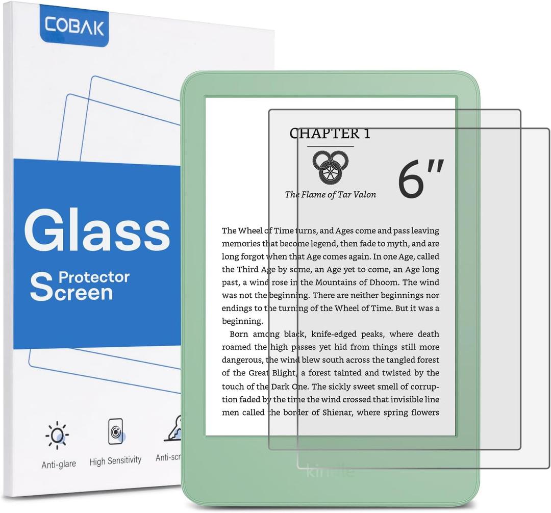 2 x CoBak 2 Pack Matte Tempered Glass Screen Protector for 6" Kindle 2024 and 2022 (11 Generation), Kobo Nia, and PocketBook - Fingerprint Resistance, Anti-Bubble 9H Hardness Film