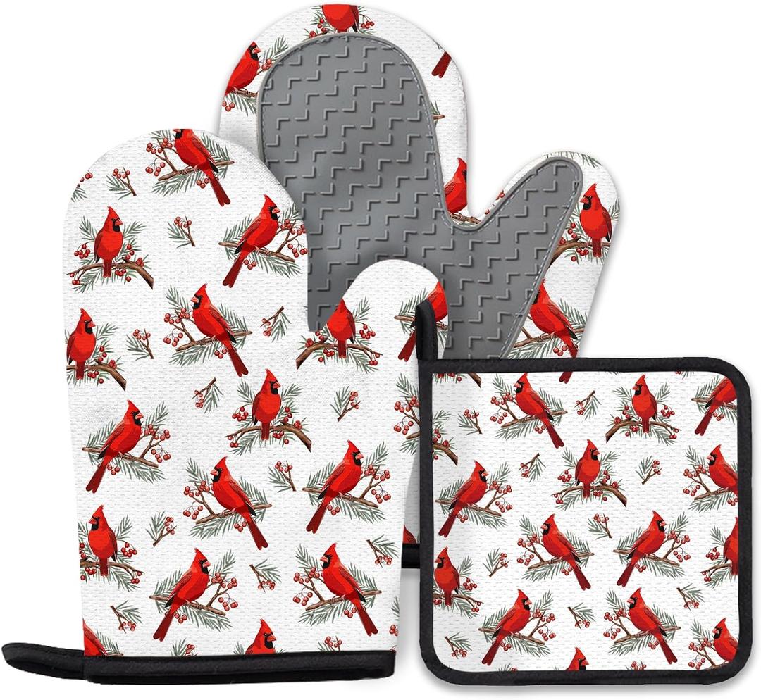Christmas Cardinal Birds Oven Mitts and Pot Holders Sets of 3, Cardinal Birds Red Berry Decor Oven Mitts, Rdinal Bird Kitchen Decor Heat Resistant Non-Slip Silicone Gloves for Cooking Baking BBQ