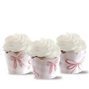 Pink Gingham and Bows Cupcake Wrappers,Pink Gingham Party Supplies, Coquette Bows Decor Party,36PCS