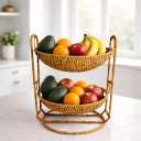 2-Tier Wicker Fruit Basket Stand, Handwoven Plastic Rattan Fruit and Vegetable Storage Organizer, Rustic Boho Countertop Display Basket for Produce, Bread, Snacks, or Towels