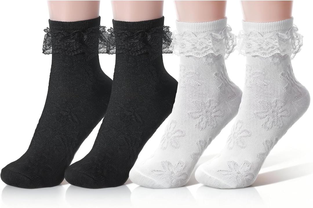 4 Pairs Lace Ruffle Socks for Women, Turn-Cuff Lace Frilly Socks, Soft Comfortable Cute Princess Ruffle Ankle Sock for Balls, Parties, Cosplay, and Everyday Wear