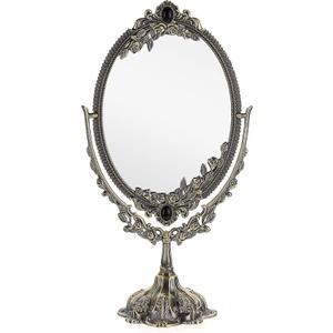JUXYES Metal Tabletop Antique Decorative Makeup Mirror with Stand, Vintage Swivel Double Sided Cosmetic Mirror with Frame, Retro Desktop Oval Dressing Mirror for Bathroom Bedroom