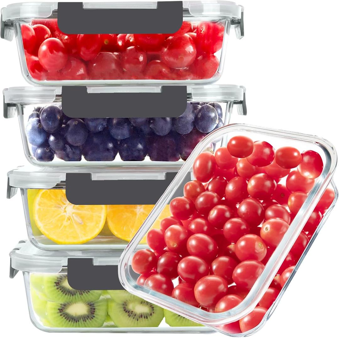 BAYZZ Glass Food Storage Containers, 5 Pack 35 Oz Glass Meal Prep Containers, Lunch Boxes with Airtight BPA-Free Lids, Microwave, Freezer and Dishwasher Safe (Gray)