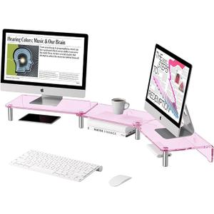 HEWYIOS dual monitor stand riser, 3layer pink acrylic monitor stand with anti slip pad, adjustable length and angle, suitable for 2 monitors, desktop, laptop, PC, printer, TV screen (Pink acrylic)