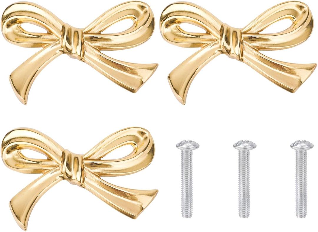 3pcs Bow Shape Cabinets Knobs, Brass Vintage Gold Cabinet Pulls Decorative Bow Dresser Handle for Home Kitchen Dresser Cupboard Wardrobe Drawer Pulls