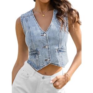 ELLEVEN Womens Summer Cropped Denim Vest, V-Neck Crop Western Jean Vest Top for Women Country Trendy Outfits (Medium, Light Blue Denim)