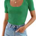 ZESICA Women's 2025 Short Sleeve Square Neck T Shirts Slim Fitted Summer Ribbed Knit Basic Casual Tee Tops (Medium, Green)