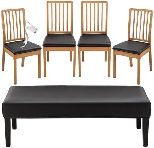 FUANGUI PU Dining Room Chair Covers Slipcovers Set of 4 with 1PC Bench Cover, Waterproof and Stretchable Removable Slipcover for Kitchen, Living Room, Bedroom (Black)