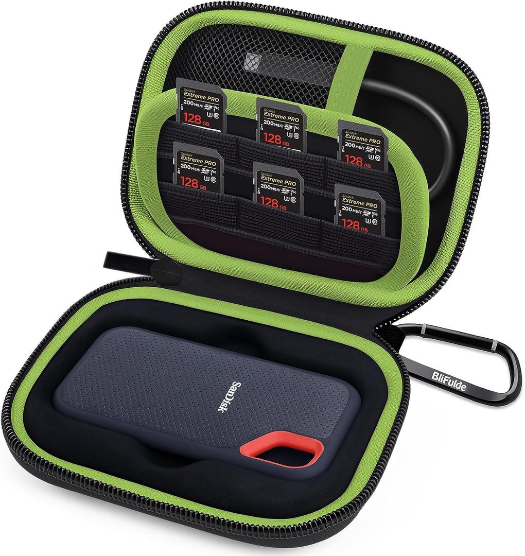 Hard Case for SanDisk Extreme Portable SSD 500GB 1TB 2TB 4TB 8TB External Solid State Drive Case -Custom-Insert Shockproof Protective Storage Travel Bag for SSD SD Card Holder (Green)