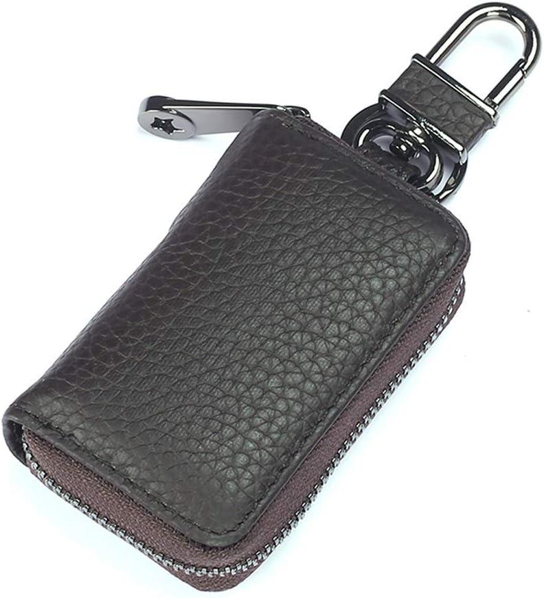 Leather Key Case Holder Auto Key Chain Protector Cover Zipper Bag Remote Fob for Car (Brown)