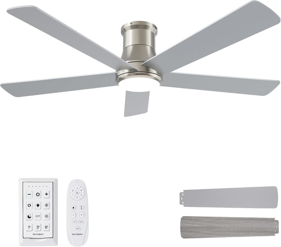 52 Inch Low Profile Ceiling Fans with Lights Remote, Burshed Nickel