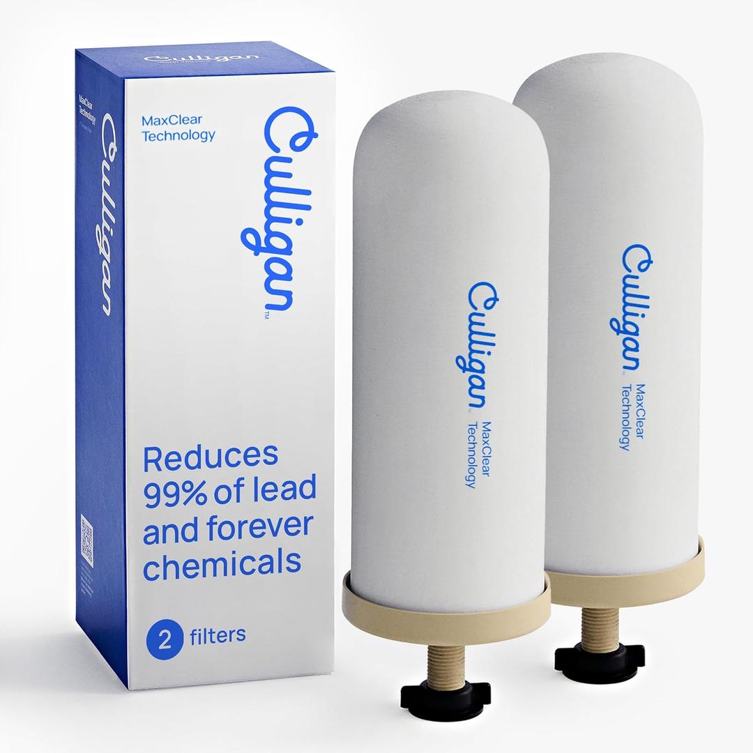 Culligan MaxClear 7 Gravity Water Filter Replacement Compatible with ProOne & Berkey Water Filter Systems, Ceramic & Carbon Filter NSF/ANSI Certified, Reduce Total PFAS, Microplastics & Lead, 2-Pack