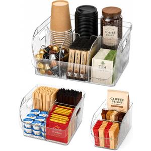 Set of 3 Coffee Station Organizer for Countertop - Clear Storage Caddy with Adjustable Dividers for Condiment Snack Kcup Pod Cup Sugar Creamer Syrup, Tea and Coffee Bar Accessories