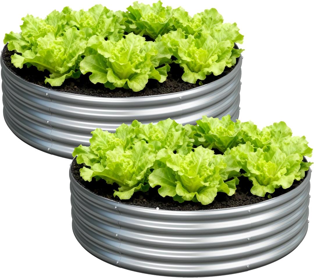 Foxlang 4x4x1ft(2 Pack) Galvanized Round Raised Garden Bed,Outdoor Planter Box Metal Patio Kit Planting Bed for Vegetables Flowers Herb,Silver