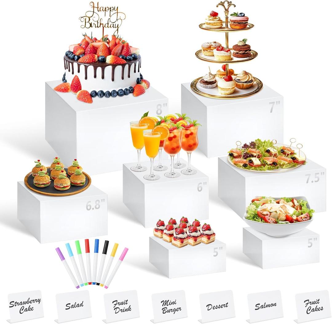 7Pcs White Acrylic Buffet Risers with Mini Sign and Marker, Food Display Risers for Party Catering Dessert Jewelry Collectibles, Acrylic Cube Nesting Boxes with Hollow Bottoms(8" 7.5" 7" 6.8" 6" 5" 5")