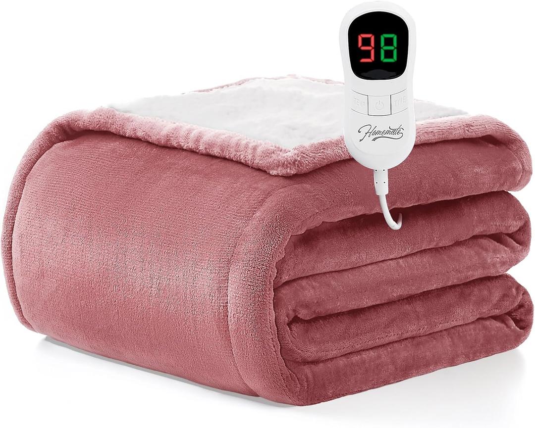Homemate Heated Blanket Electric Throw - 50"x60" Heating Blanket Throw 1/2/4/6/8 Hours Auto-Off 10 Heat Level Over-Heat Protection Flannel Sherpa ETL Certification