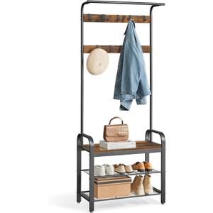 VASAGLE Coat Rack, Hall Tree with Shoe Bench for Entryway, Entryway Bench with Coat Rack, 4-in-1, with 9 Removable Hooks, a Hanging Rod, 13.3 x 28.3 x 72.1 Inches, Rustic Brown and Black UHSR40B