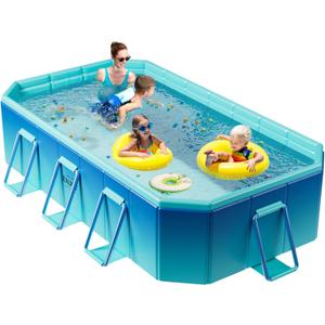 OTIIPOR Foldable Pool, Non-Inflatable Swimming Pool for Kids, Adults and Pets, 116" × 65" × 21" Large Portable Kids Pool with Sturdy Metal Bracket for Outdoor Backyard Garden - Blue