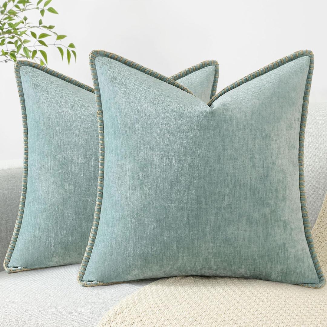 decorUhome Summer Chenille Soft Cozy Throw Pillow Covers 18x18 Set of 2, Modern Farmhouse Boho Velvet Decorative Pillow Cases with Stitched Edge for Couch Sofa Bed Home Decor, Aqua Haze