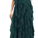 VOUIAO Summer Women Tulle Prom Dress Elegant Bow One Shoulder Slit Evening Party Gown Wedding Guest Bridesmaid Maxi Dress Dark Green XL