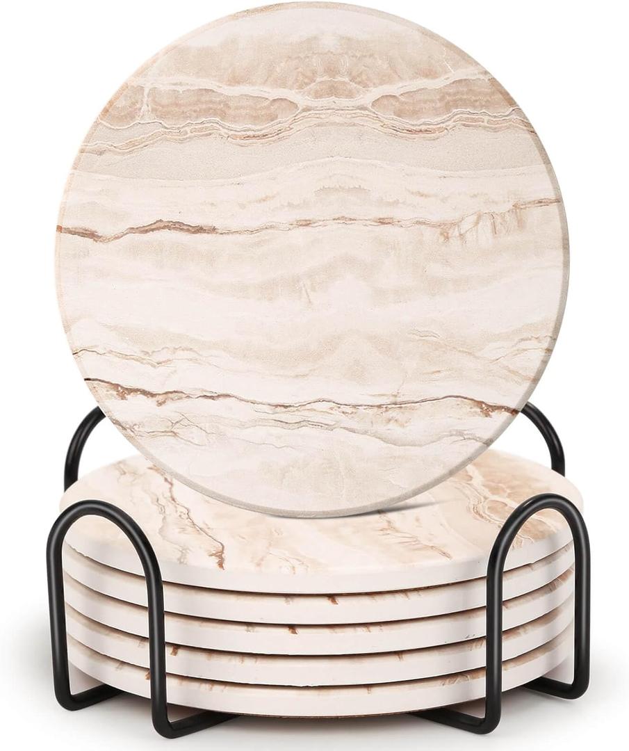 Acejoz Drink Coasters Set of 6, Absorbent Coaster for Coffee Table Decor, Marble Style Ceramic Coaster for Home Decor, 4 Inches