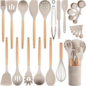 26 Pcs Silicone Cooking Utensils Set with Holder, NCUE BPA Free Kitchen Utensils Set for Cooking, 446F Spatulas Silicone Heat Resistant Wooden Handle Spoon Tongs Non-stick Kitchen Gadgets (Khaki)